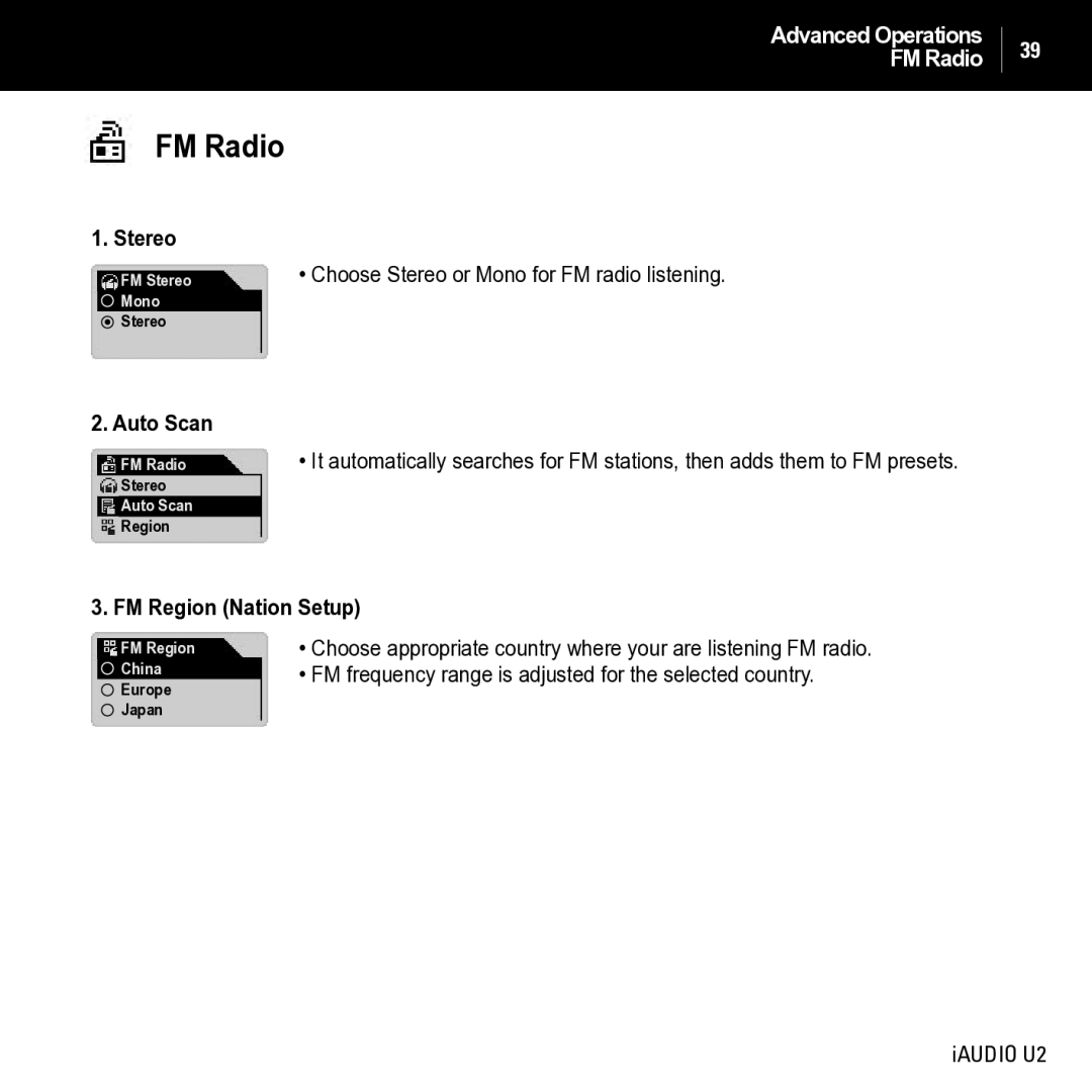 JetAudio iAUDIO U2 manual FM Radio, Stereo, Auto Scan, FM Region Nation Setup 