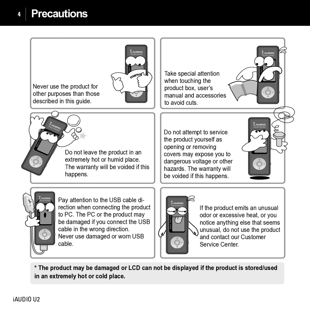 JetAudio iAUDIO U2 manual Precautions, Never use damaged or worn USB cable 