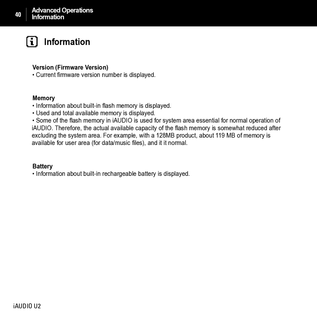 JetAudio iAUDIO U2 manual Information, Version Firmware Version, Memory, Battery 