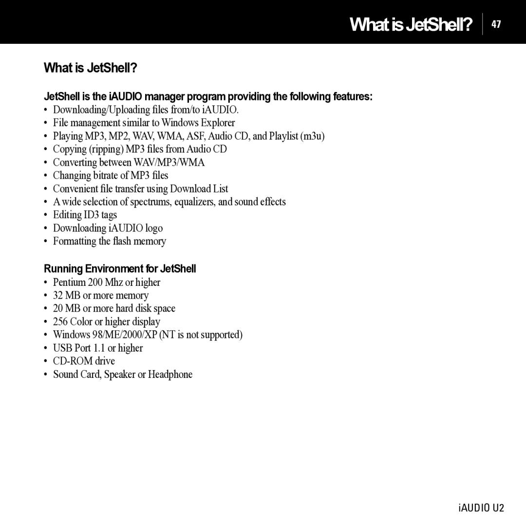 JetAudio iAUDIO U2 manual WhatisJetShell?, What is JetShell? 