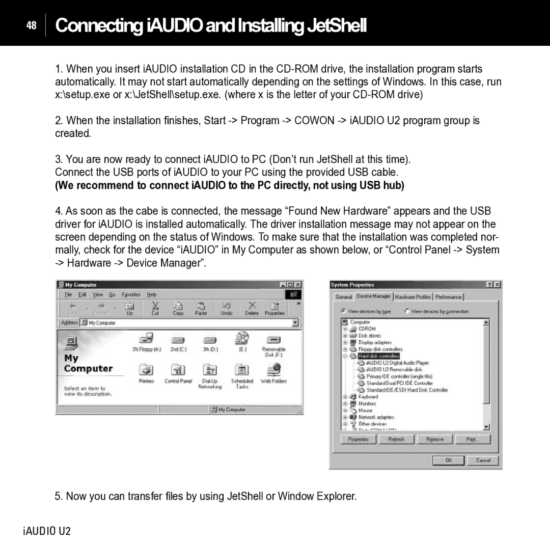 JetAudio iAUDIO U2 manual ConnectingiAUDIOandInstallingJetShell 