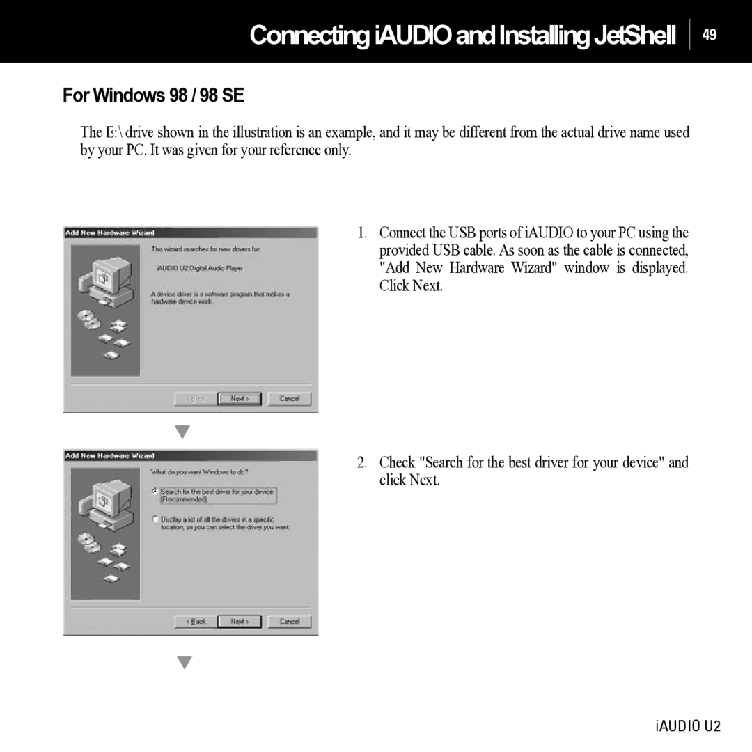 JetAudio iAUDIO U2 manual ConnectingiAUDIOandInstallingJetShell, For Windows 98 / 98 SE 