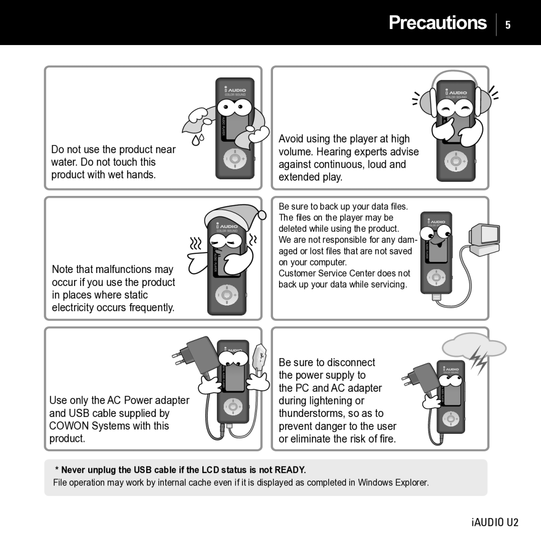 JetAudio iAUDIO U2 manual Never unplug the USB cable if the LCD status is not Ready 