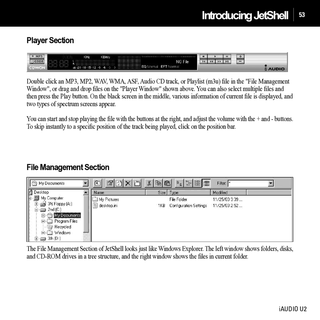 JetAudio iAUDIO U2 manual Player Section, File Management Section 