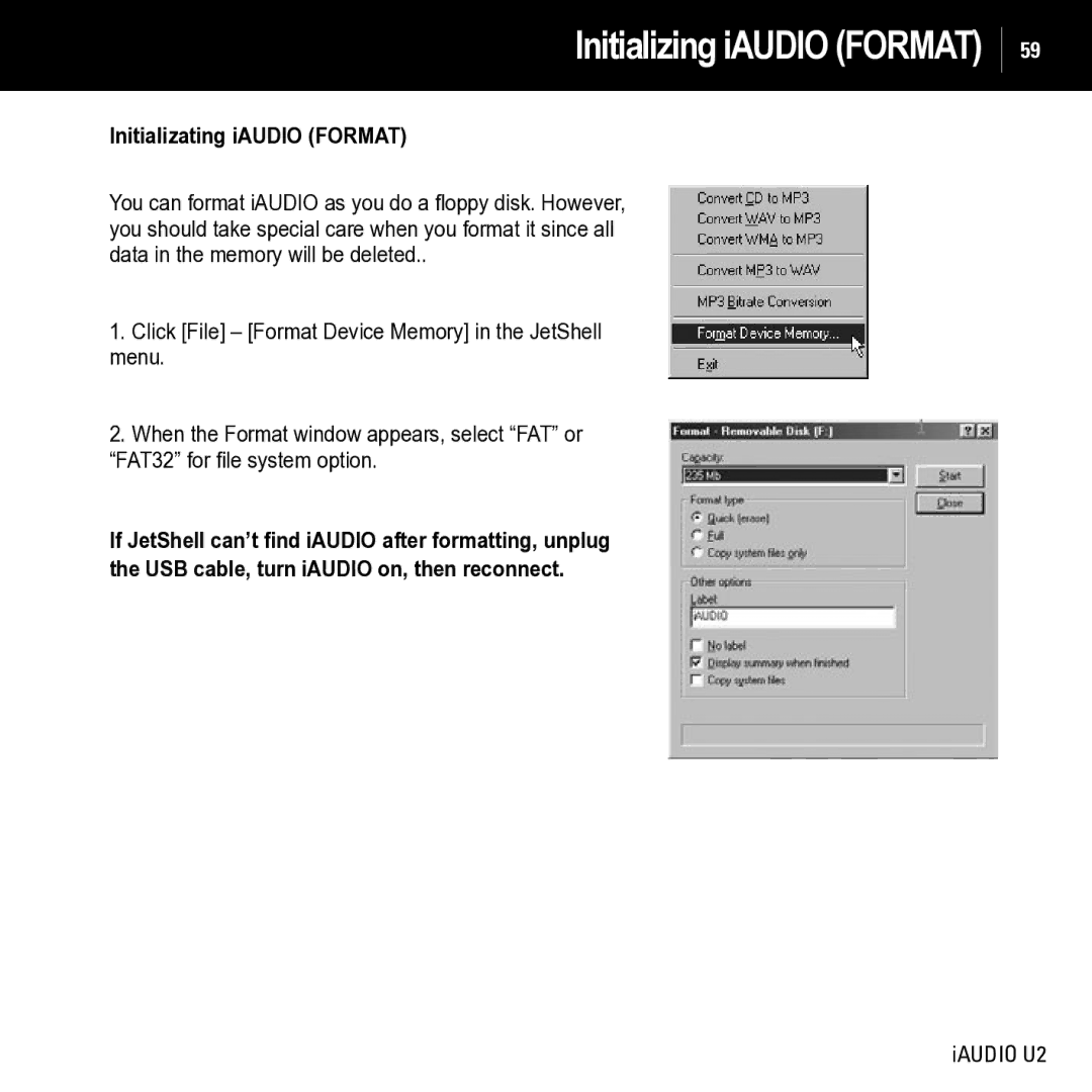 JetAudio iAUDIO U2 manual Initializing iAUDIO Format, Initializating iAUDIO Format 