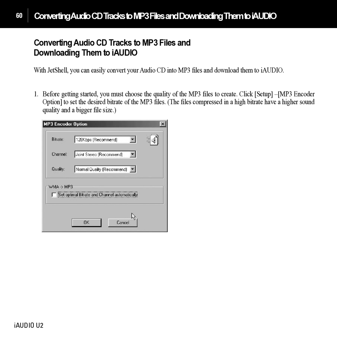 JetAudio iAUDIO U2 manual ConvertingAudioCDTrackstoMP3FilesandDownloadingThemtoiAUDIO 