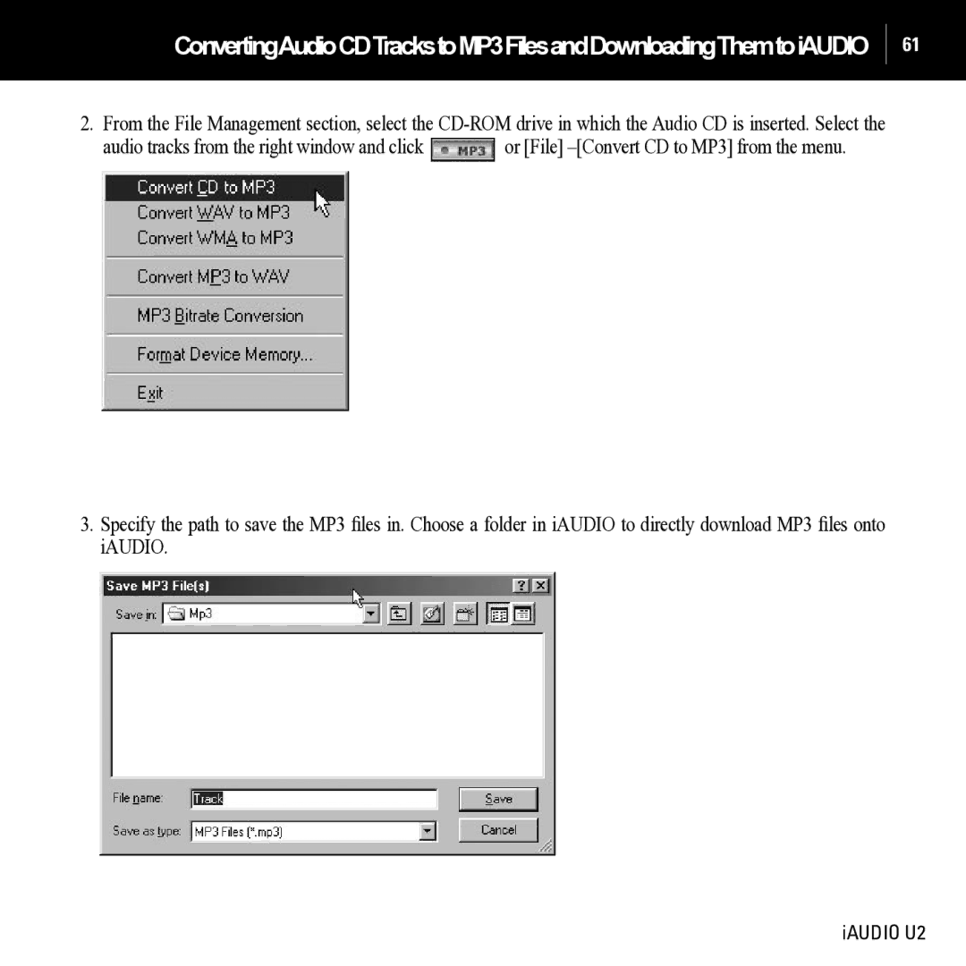 JetAudio iAUDIO U2 manual ConvertingAudioCDTrackstoMP3FilesandDownloadingThemtoiAUDIO 