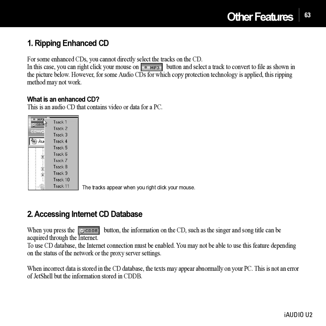 JetAudio iAUDIO U2 manual Ripping Enhanced CD, Accessing Internet CD Database 