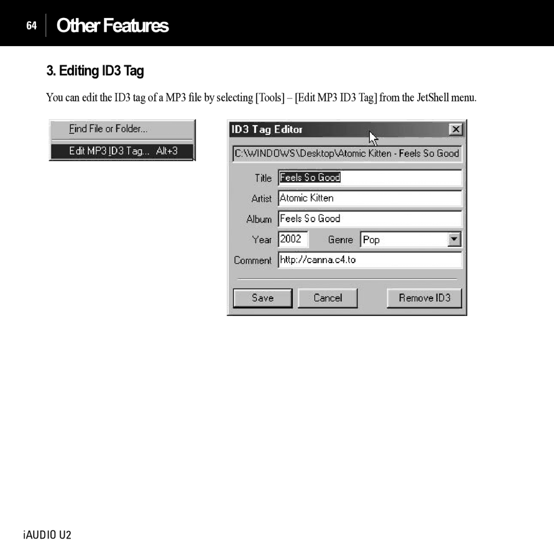 JetAudio iAUDIO U2 manual OtherFeatures, Editing ID3 Tag 