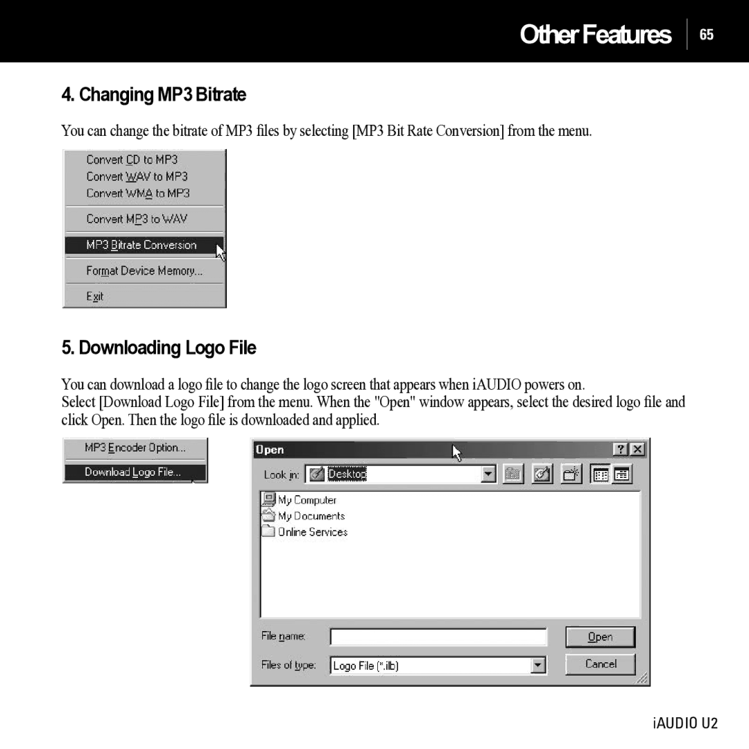 JetAudio iAUDIO U2 manual Changing MP3 Bitrate, Downloading Logo File 