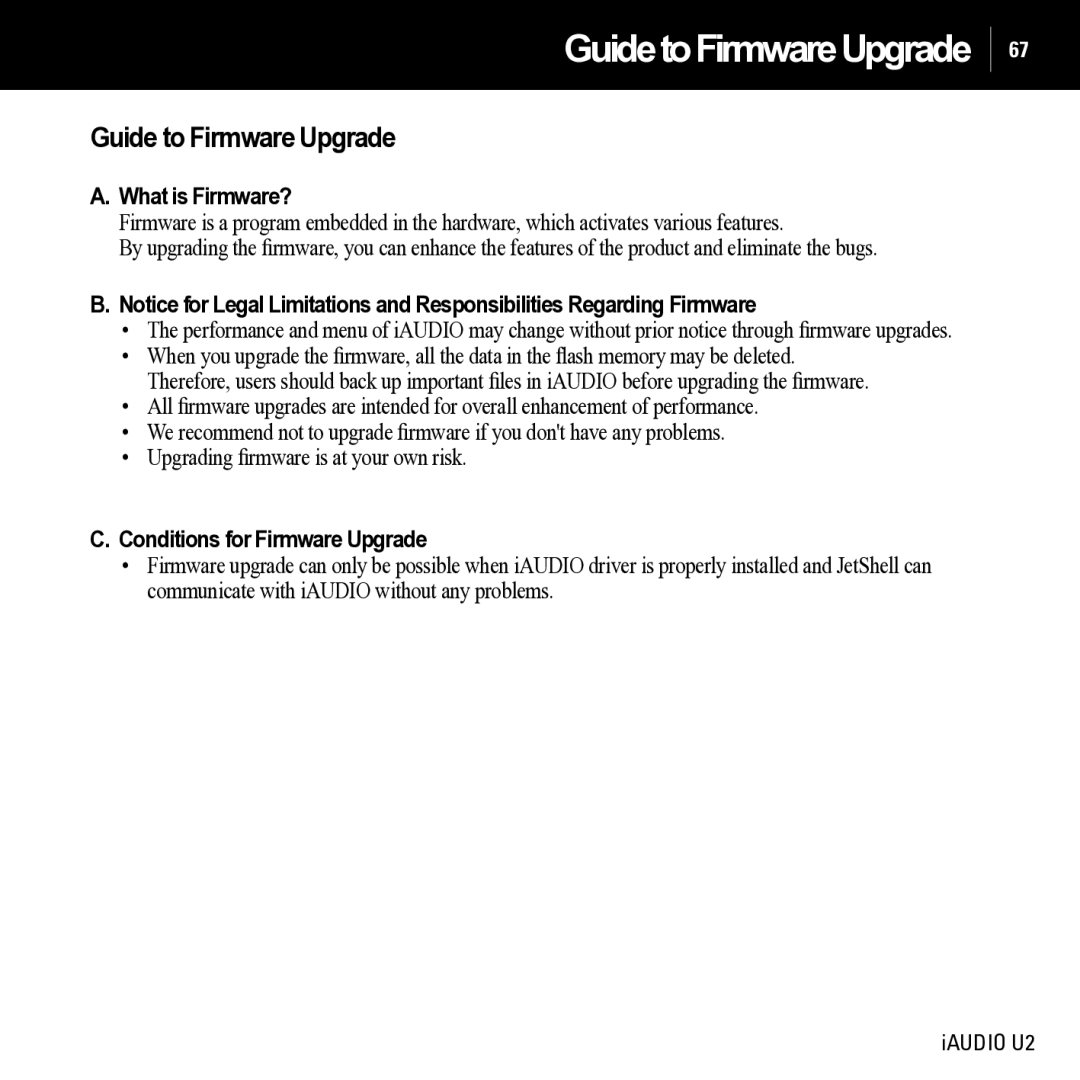 JetAudio iAUDIO U2 manual GuidetoFirmwareUpgrade, Guide to Firmware Upgrade 