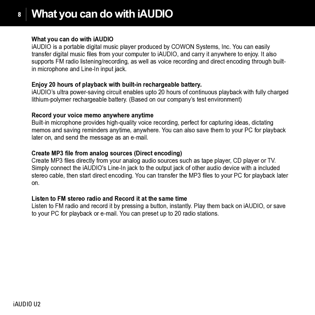 JetAudio iAUDIO U2 manual What you can do with iAUDIO, Record your voice memo anywhere anytime 