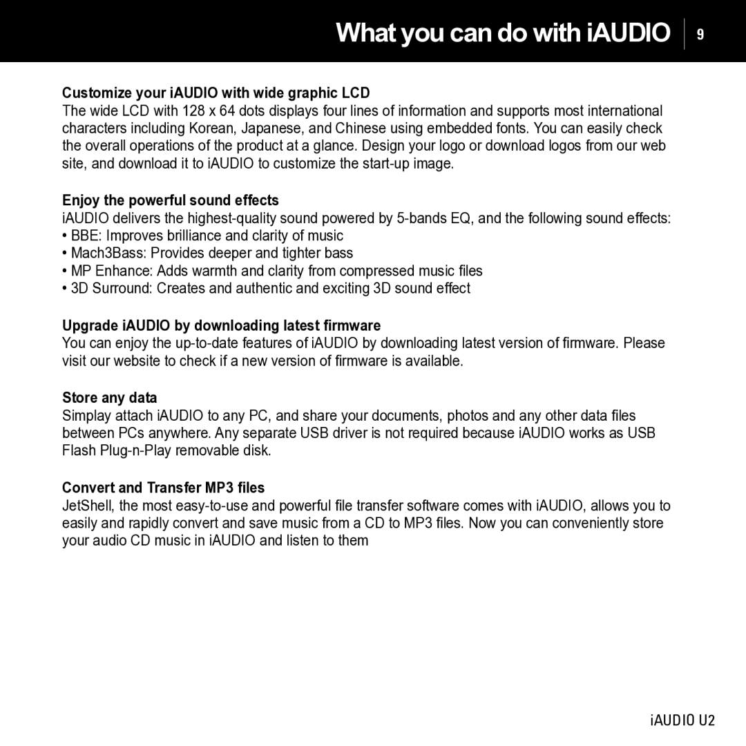 JetAudio iAUDIO U2 manual Customize your iAUDIO with wide graphic LCD, Enjoy the powerful sound effects, Store any data 