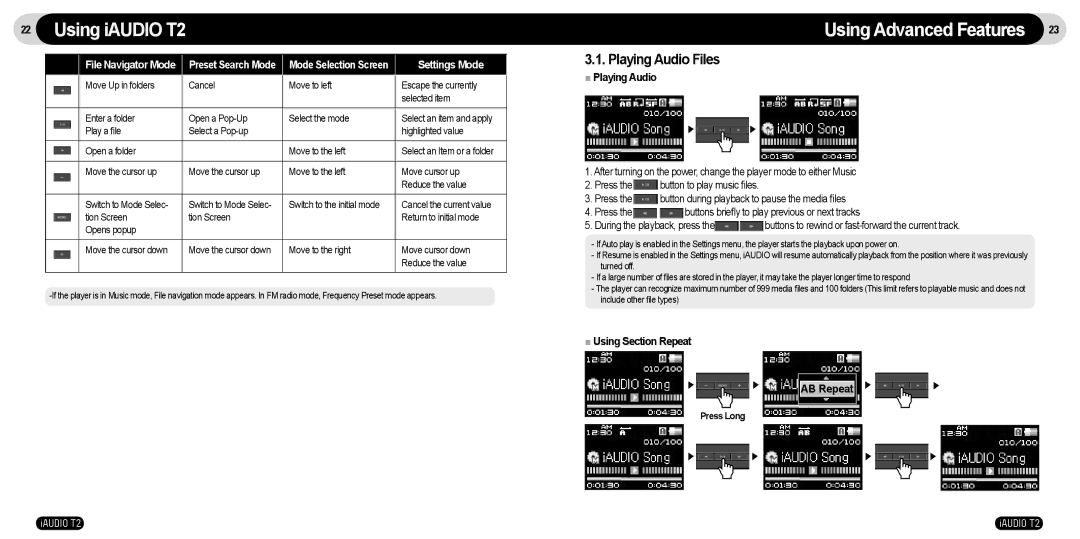 JetAudio manual Using iAUDIO T2, Using Advanced Features, Playing Audio Files, Using Section Repeat AB Repeat 