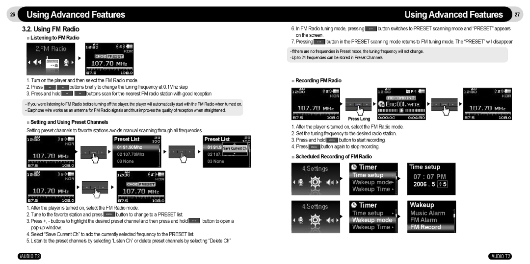 JetAudio T2 manual Using FM Radio, Listening to FM Radio, Setting and Using Preset Channels, Recording FM Radio 