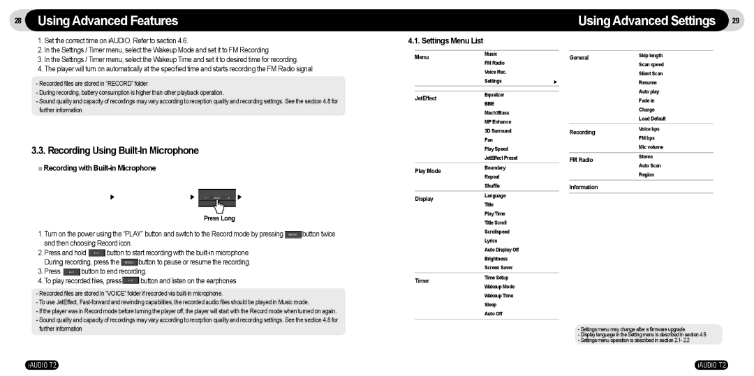 JetAudio T2 manual Using Advanced Settings, Recording Using Built-In Microphone, Recording with Built-in Microphone 