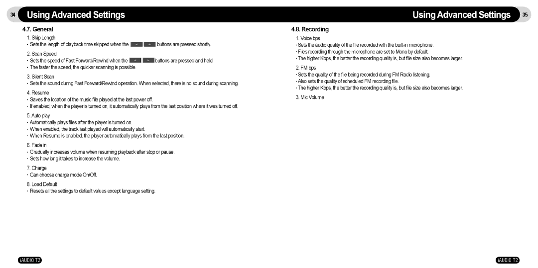 JetAudio T2 manual General, Recording 