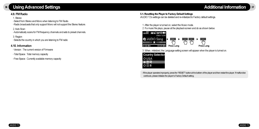 JetAudio T2 manual FM Radio, Information, Resetting the Player to Factory Default Settings 