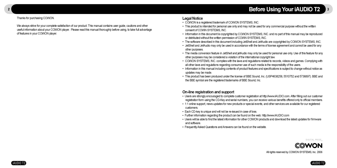 JetAudio manual Before Using Your iAUDIO T2, Legal Notice, On-line registration and support, Thanks for purchasing Cowon 