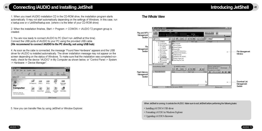 JetAudio T2 manual Connecting iAUDIO and Installing JetShell, Introducing JetShell, Whole View 