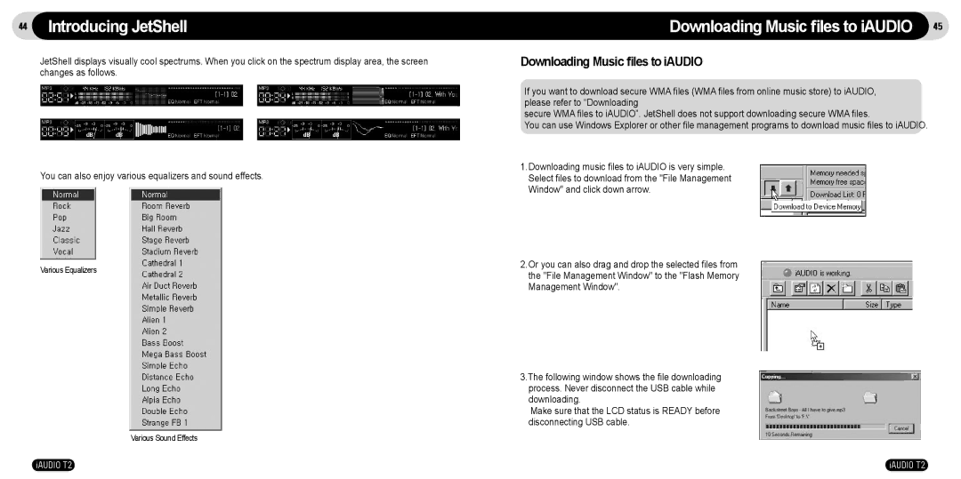 JetAudio T2 manual Downloading Music ﬁles to iAUDIO 