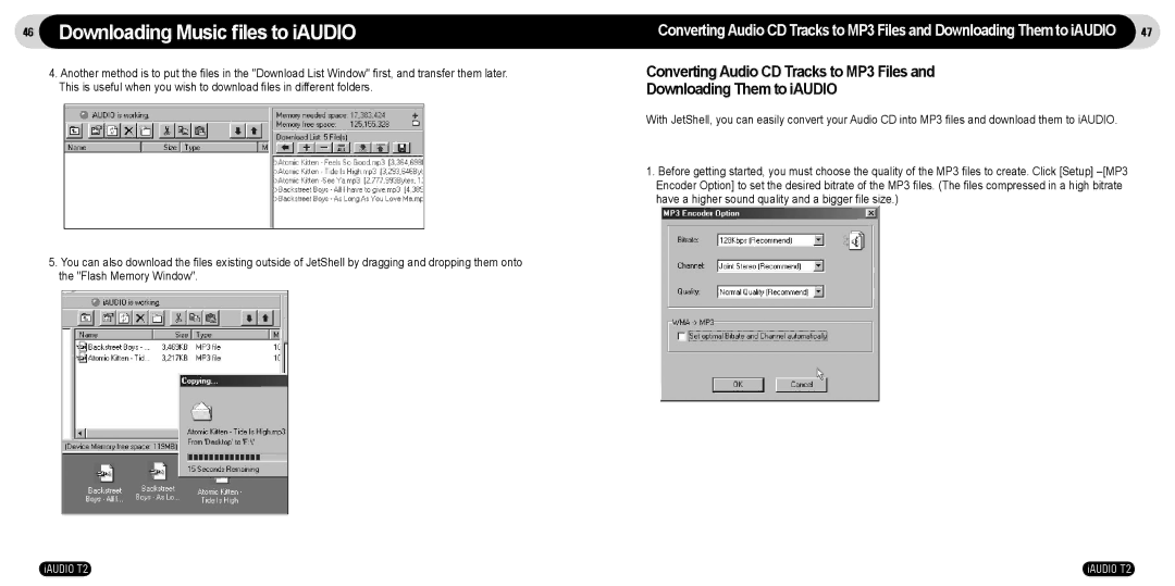 JetAudio T2 manual Downloading Music ﬁles to iAUDIO 