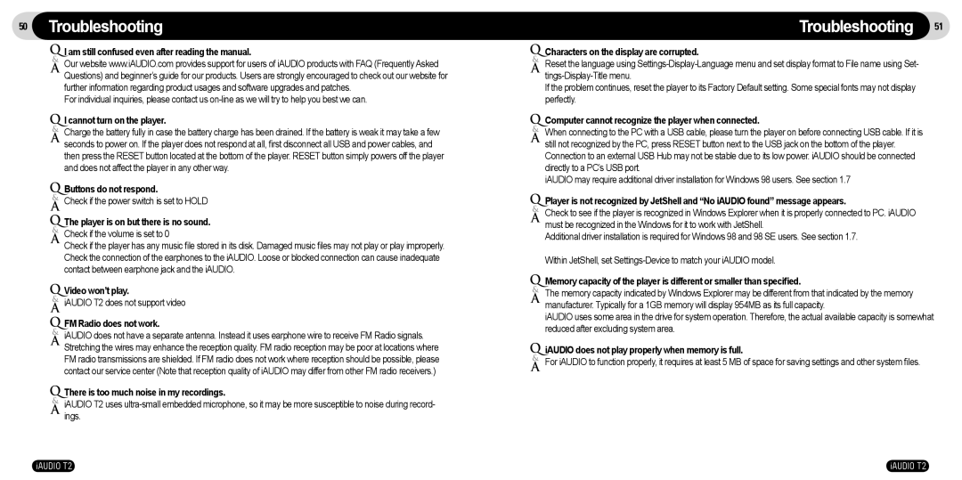 JetAudio T2 manual Troubleshooting 