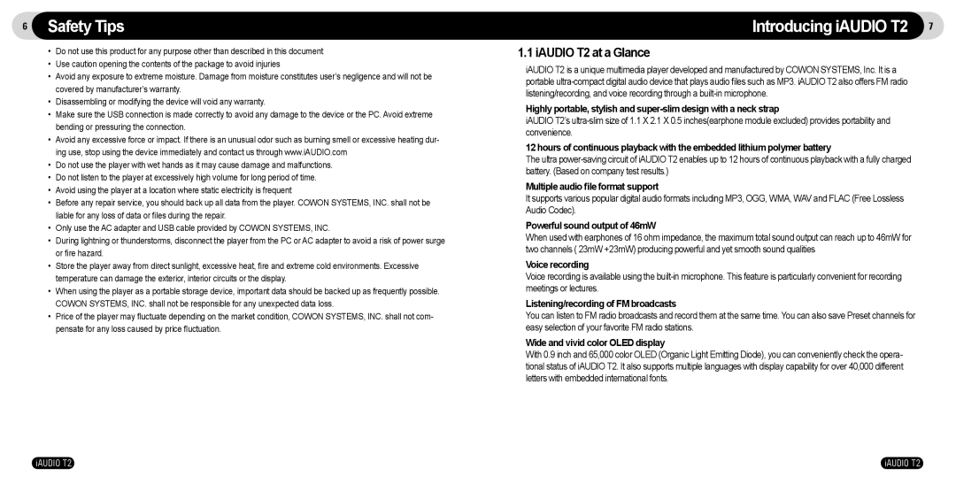 JetAudio manual Safety Tips, IAUDIO T2 at a Glance 