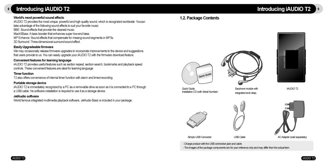 JetAudio manual Introducing iAUDIO T2, Package Contents 