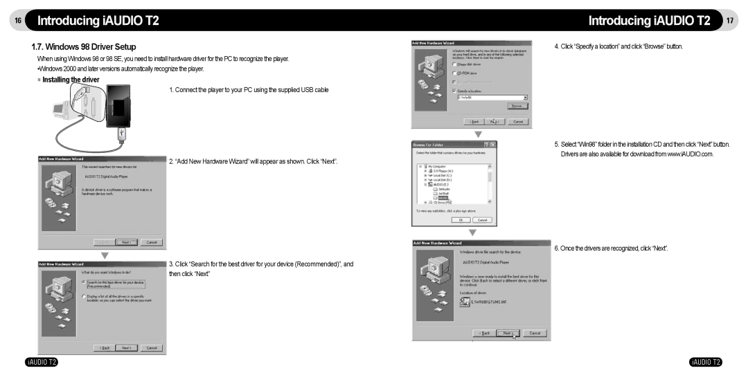 JetAudio T2 manual Windows 98 Driver Setup, Installing the driver 