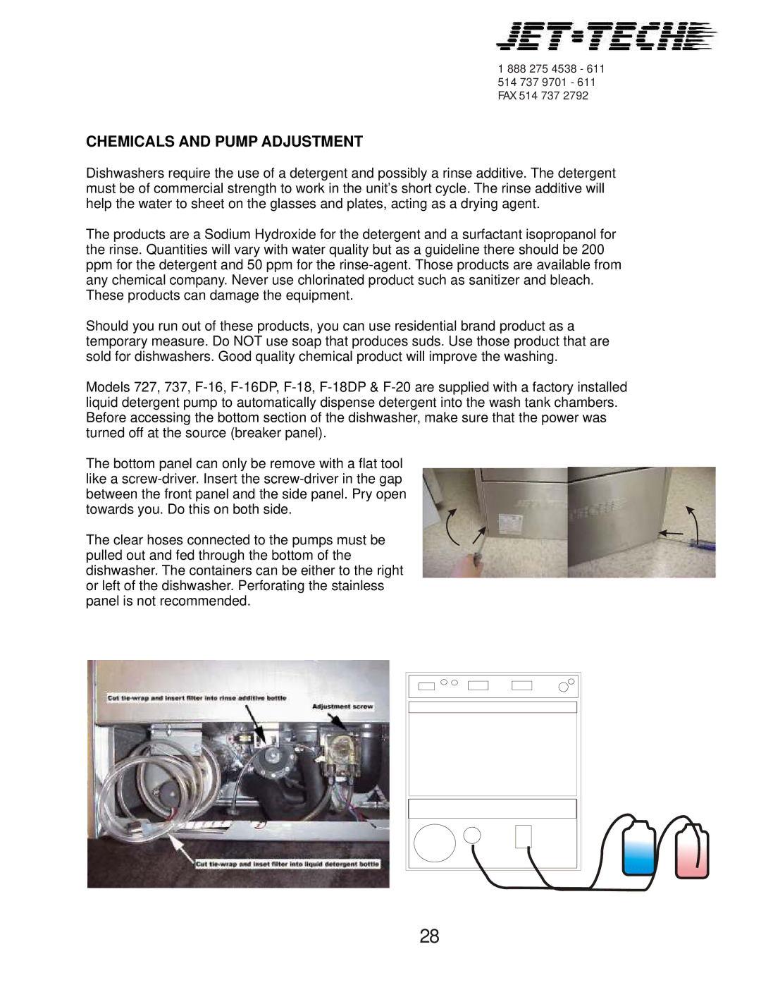 Jettech Metal Products F18-DP manual Chemicals and Pump Adjustment 