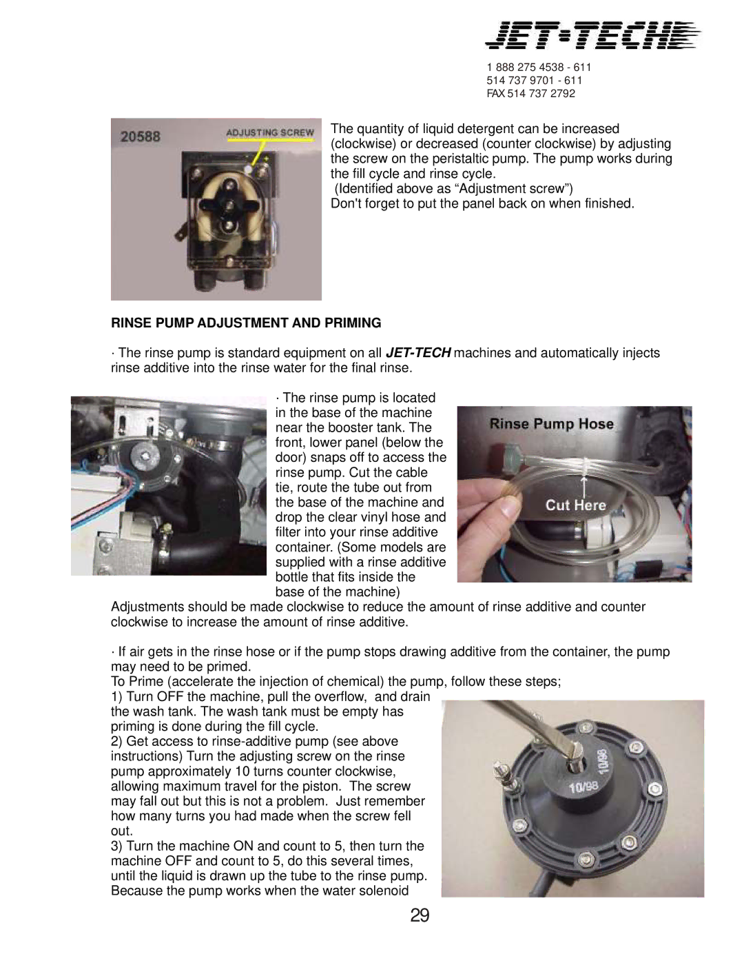 Jettech Metal Products F18-DP manual Rinse Pump Adjustment and Priming 