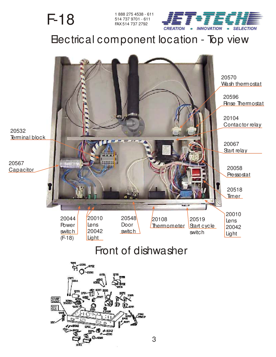 Jettech Metal Products F18-DP manual Electrical component location Top view, Front of dishwasher, Pressostat 