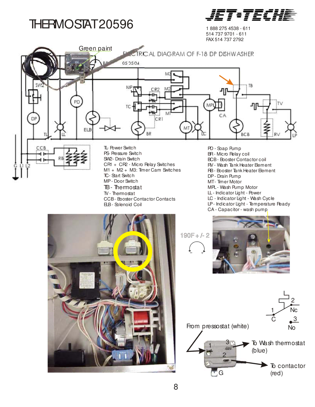 Jettech Metal Products F18-DP manual TB Thermostat, To Wash thermostat 