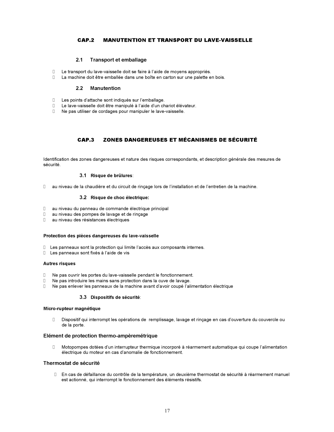 Jettech Metal Products FX-44 operation manual CAP.2 Manutention ET Transport DU LAVE-VAISSELLE 