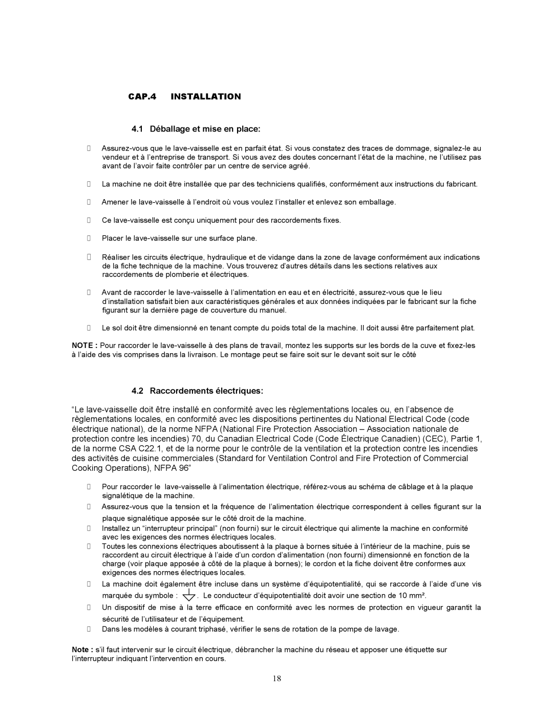 Jettech Metal Products FX-44 operation manual Déballage et mise en place, Raccordements électriques 