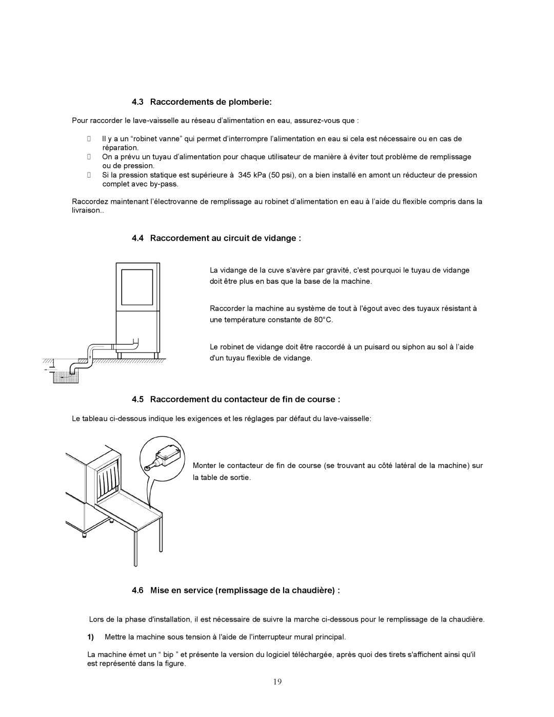 Jettech Metal Products FX-44 operation manual Raccordements de plomberie, Raccordement au circuit de vidange 