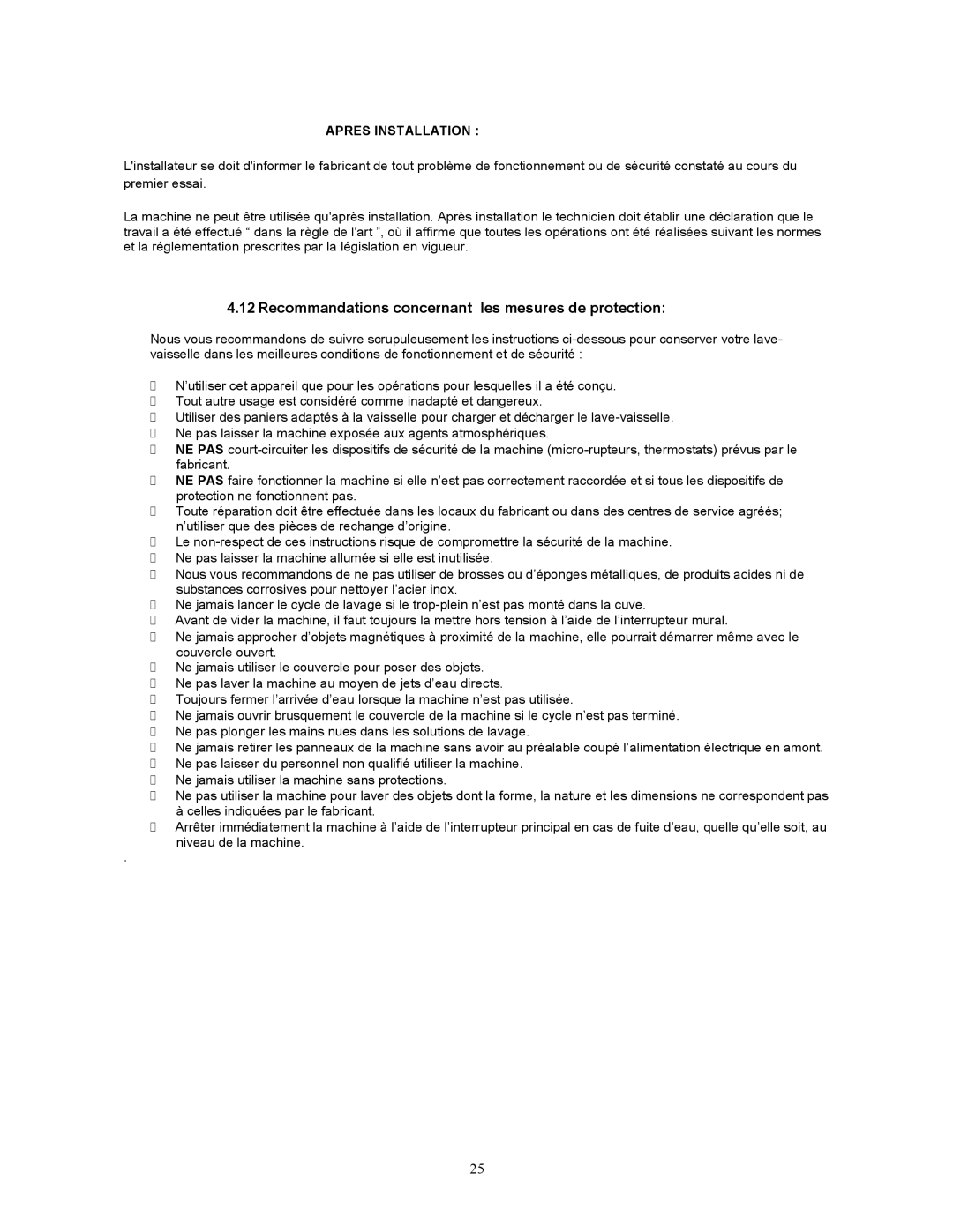 Jettech Metal Products FX-44 operation manual Recommandations concernant les mesures de protection, Apres Installation 