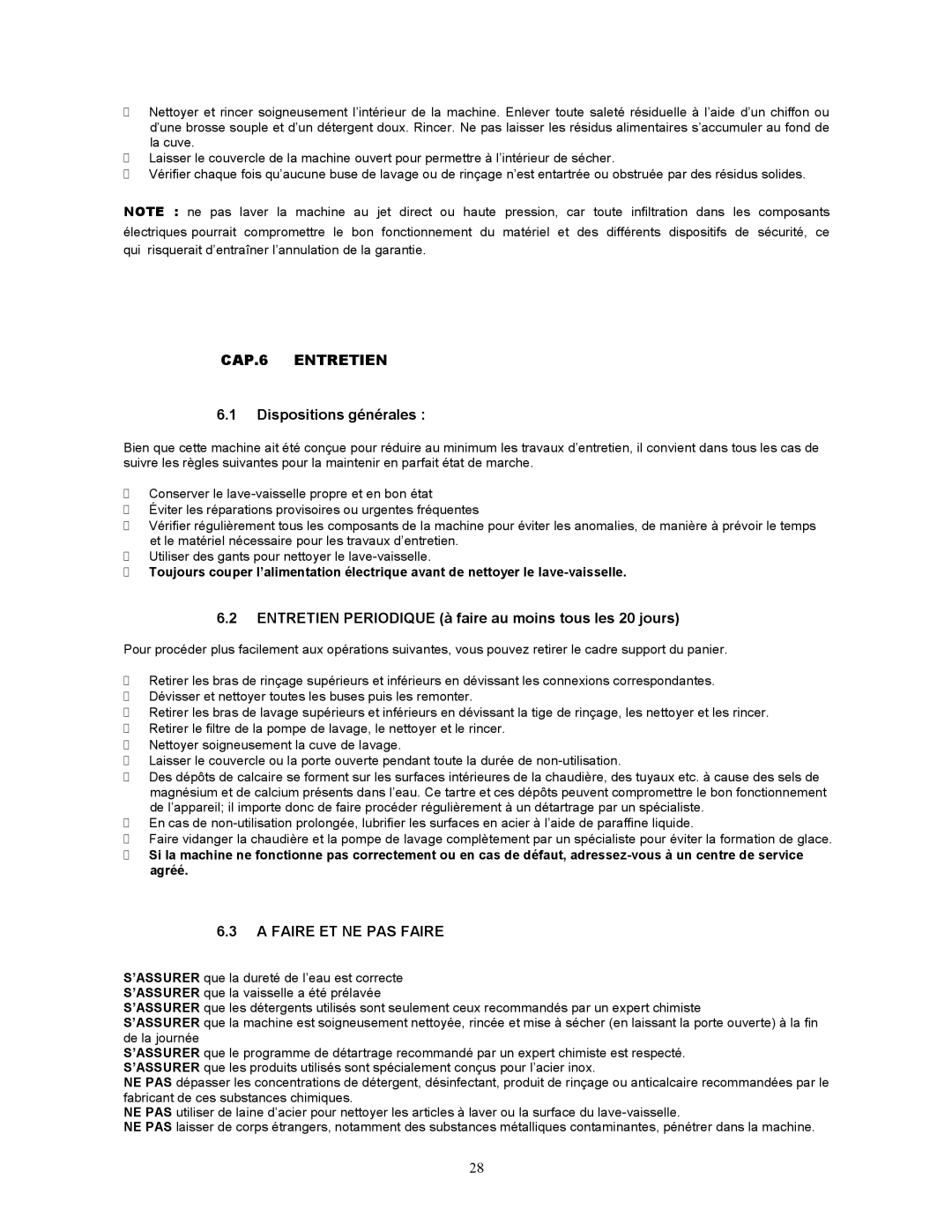 Jettech Metal Products FX-44 operation manual CAP.6 Entretien, Dispositions générales, Faire ET NE PAS Faire 