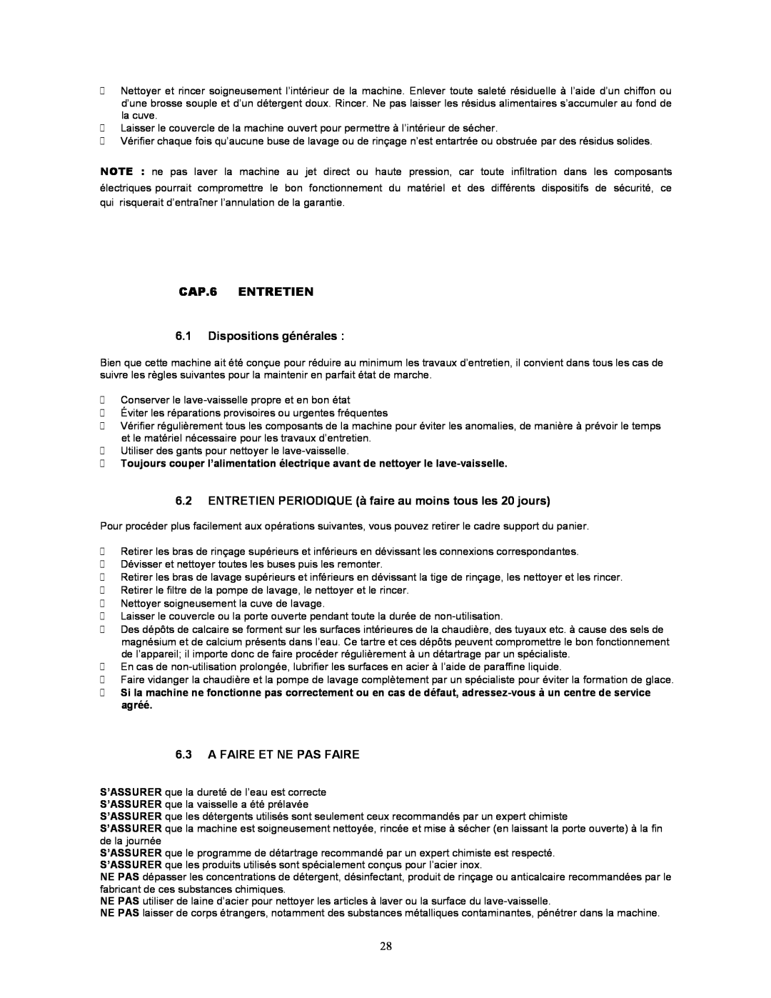 Jettech Metal Products FX-44 operation manual CAP.6 ENTRETIEN 6.1 Dispositions générales, A Faire Et Ne Pas Faire 