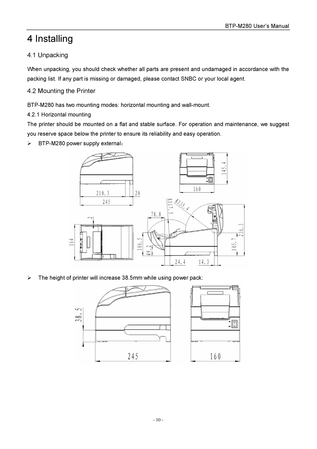 Jiaye General Merchandise Co BTP-M280 user manual Installing, Unpacking, Mounting the Printer 