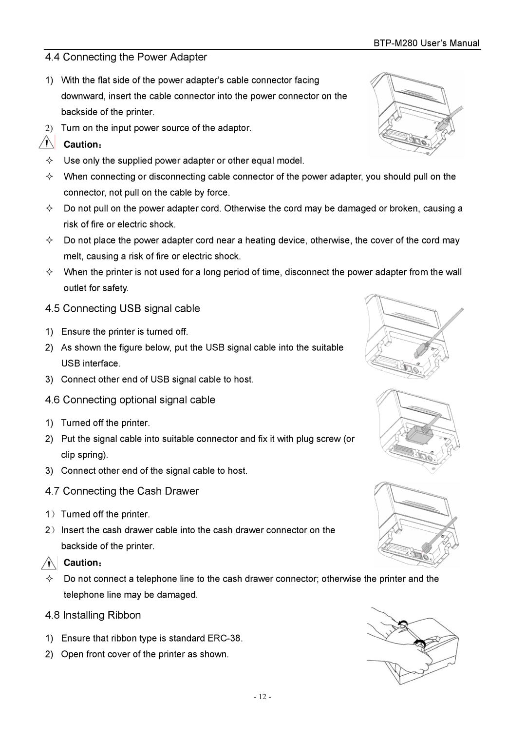 Jiaye General Merchandise Co BTP-M280 Connecting the Power Adapter, Connecting USB signal cable, Installing Ribbon 