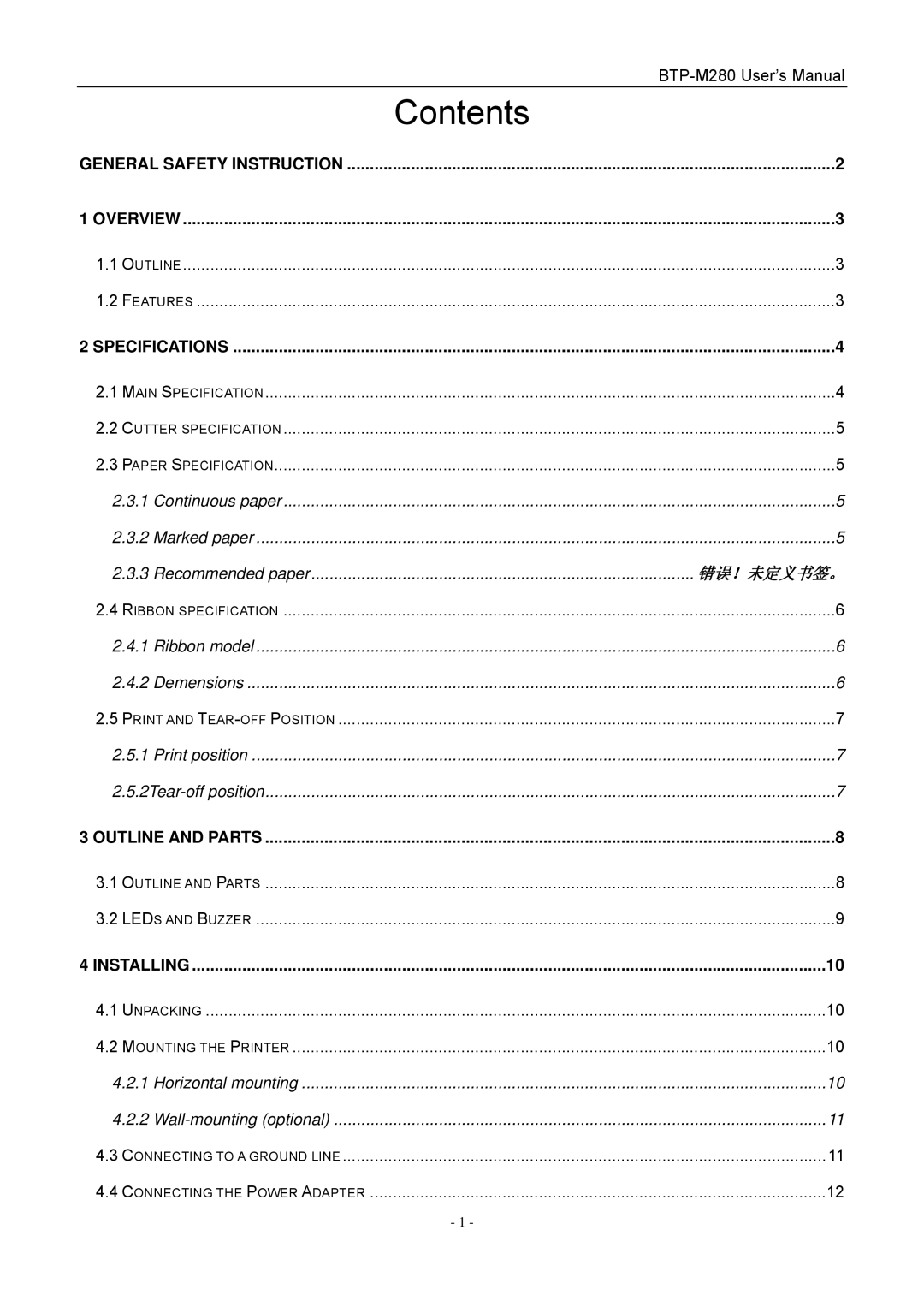 Jiaye General Merchandise Co BTP-M280 user manual Contents 