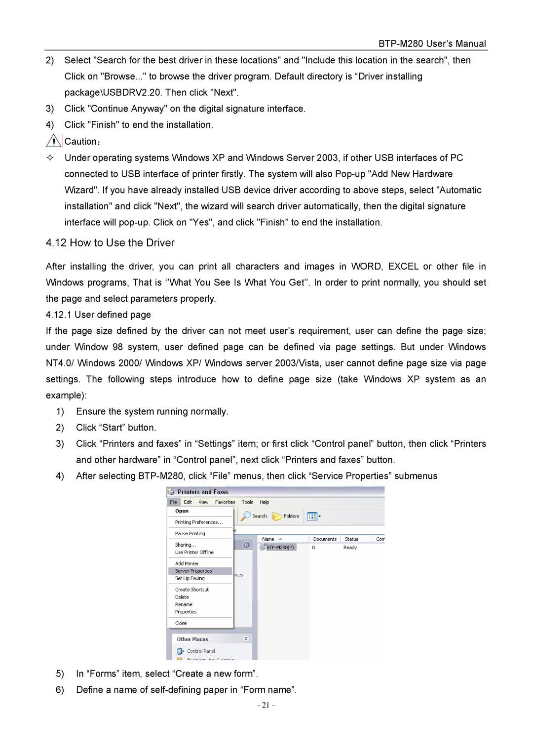 Jiaye General Merchandise Co BTP-M280 user manual How to Use the Driver 