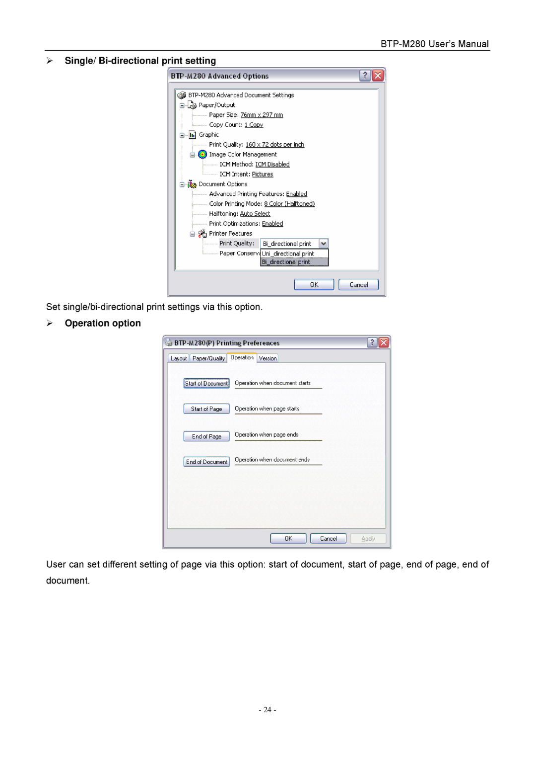 Jiaye General Merchandise Co BTP-M280 user manual ¾ Single/ Bi-directional print setting 