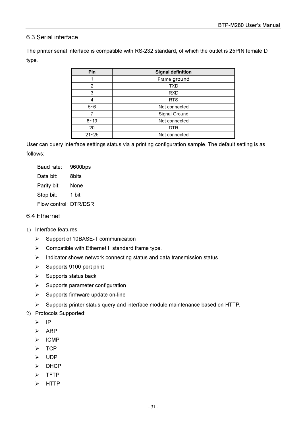 Jiaye General Merchandise Co BTP-M280 user manual Serial interface, Ethernet 