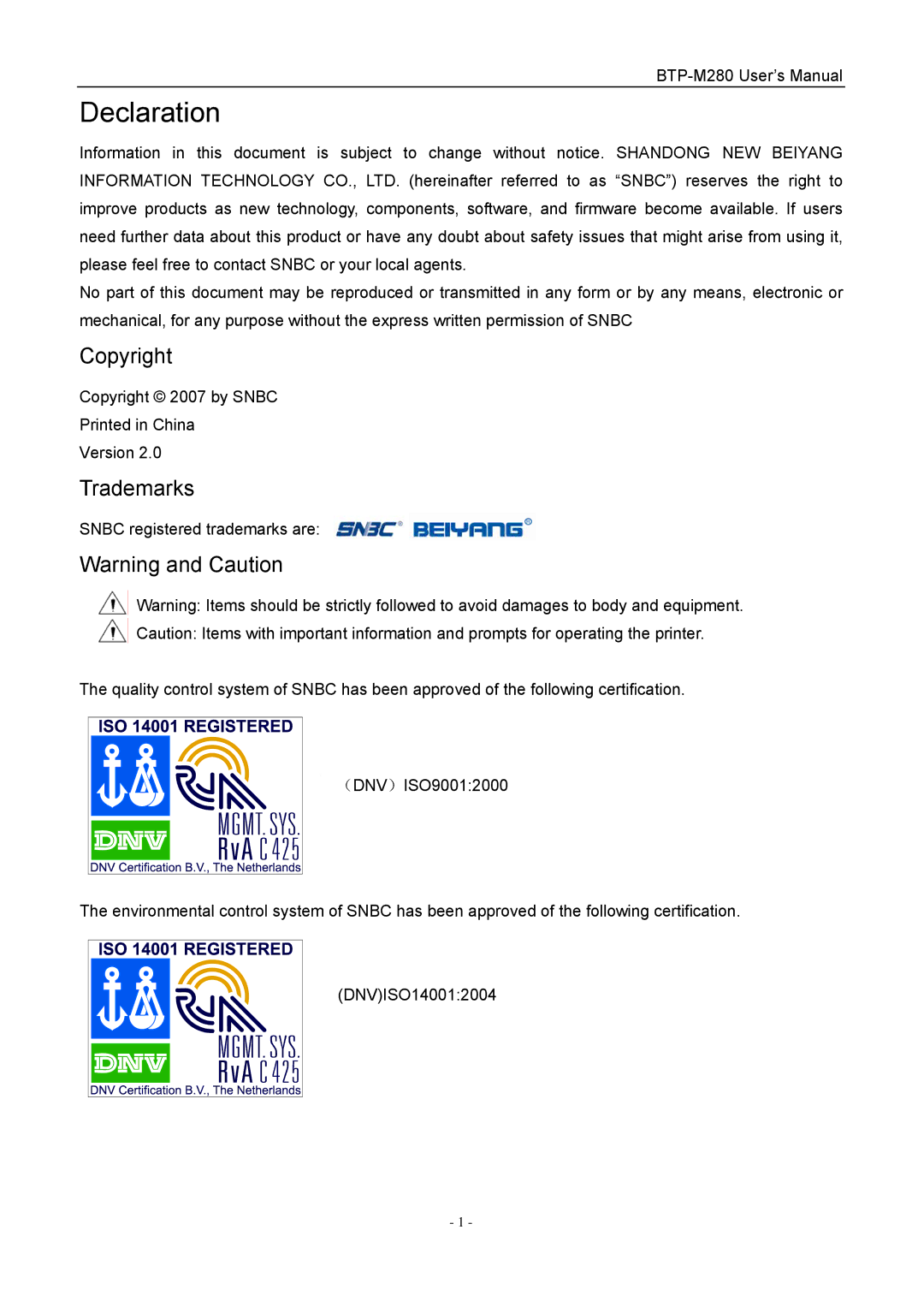 Jiaye General Merchandise Co BTP-M280 user manual Declaration, Trademarks 