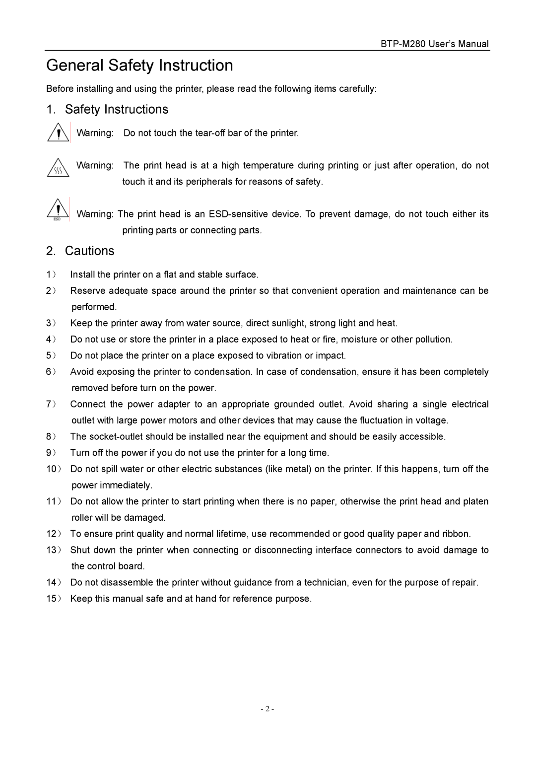 Jiaye General Merchandise Co BTP-M280 user manual General Safety Instruction, Safety Instructions 