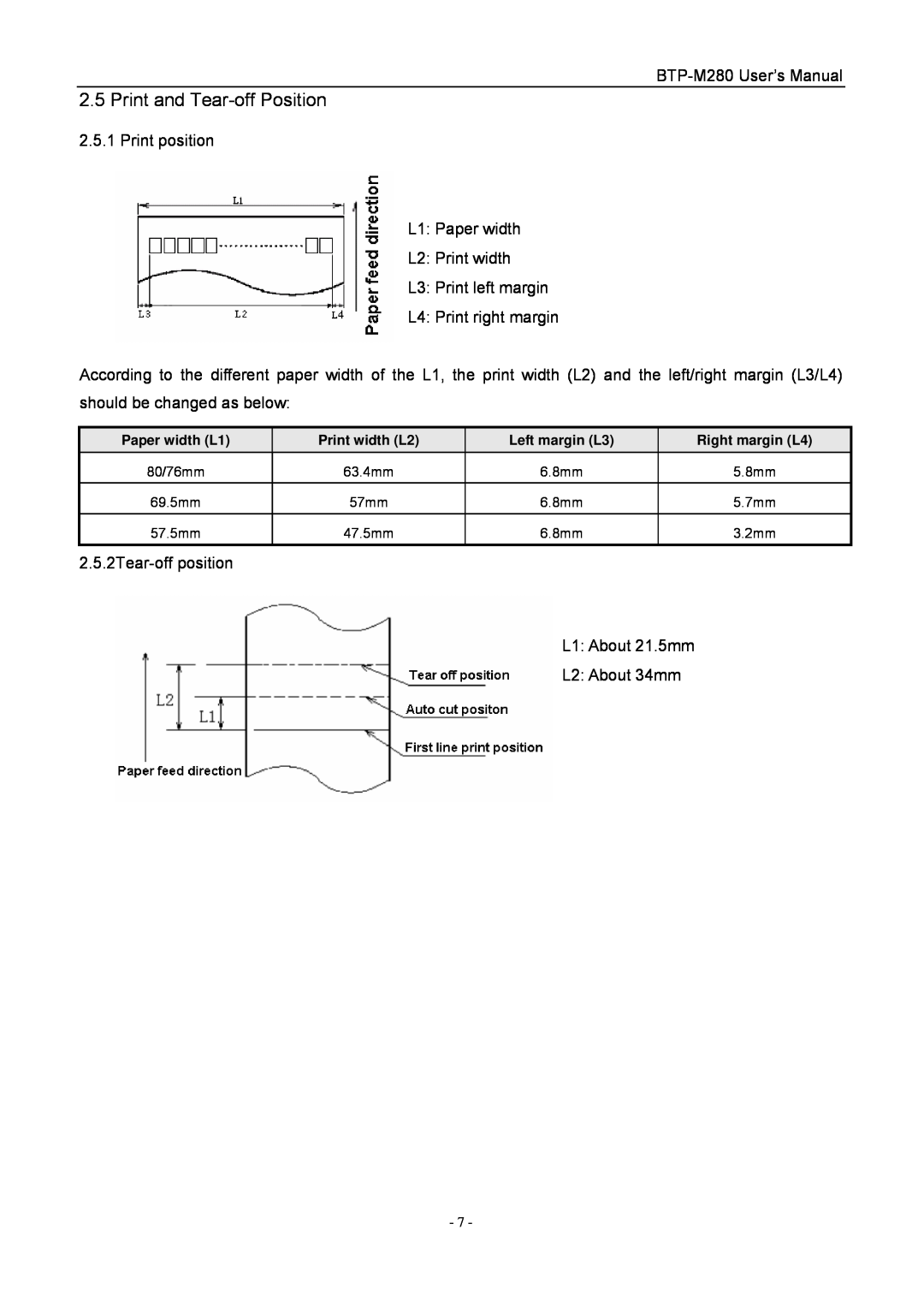 Jiaye General Merchandise Co BTP-M280 Print and Tear-off Position, Paper width L1, Print width L2, Left margin L3 