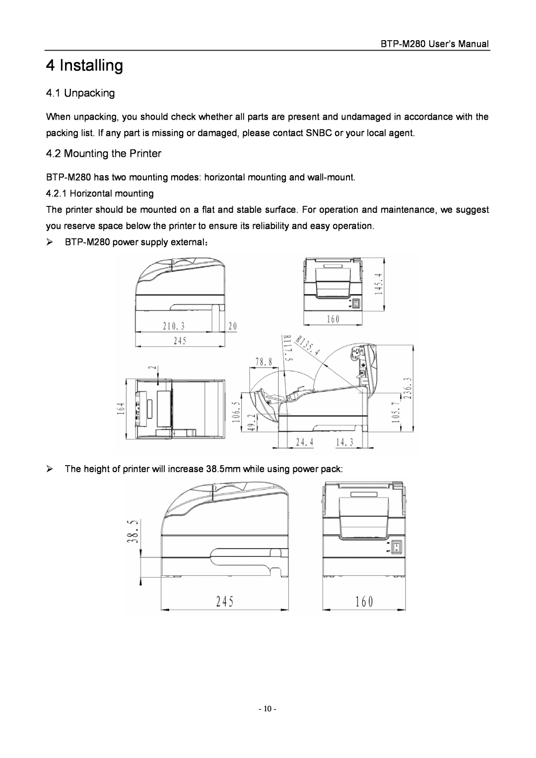 Jiaye General Merchandise Co BTP-M280 user manual Installing, Unpacking, Mounting the Printer 